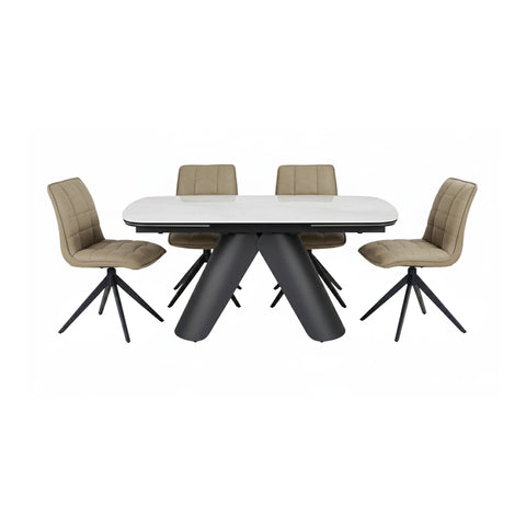 Pearl White Ceramic Extending Dining Table with 6 Warrior Taupe Swivel Dining Chairs - Pendle Village Furniture