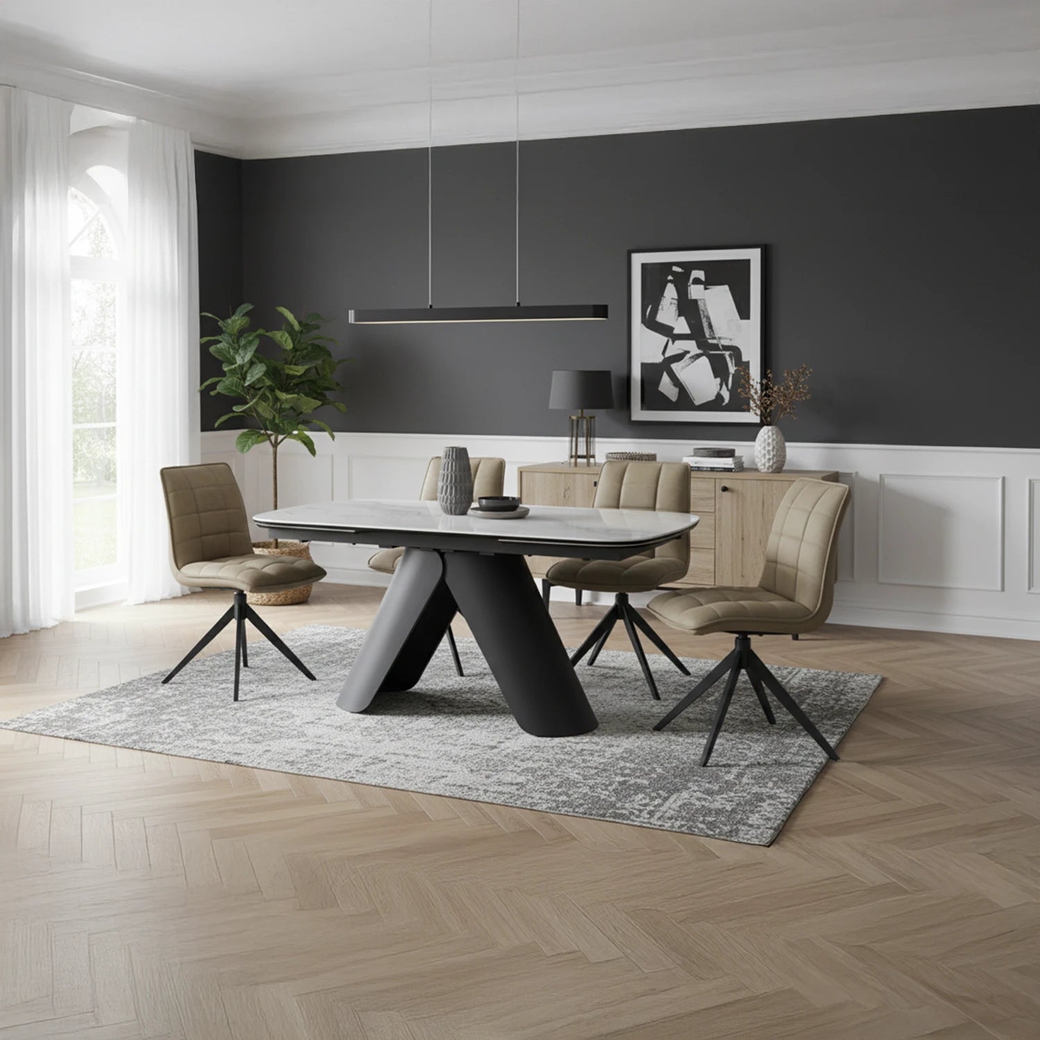 Pearl White Ceramic Extending Dining Table with 6 Warrior Taupe Swivel Dining Chairs - Pendle Village Furniture