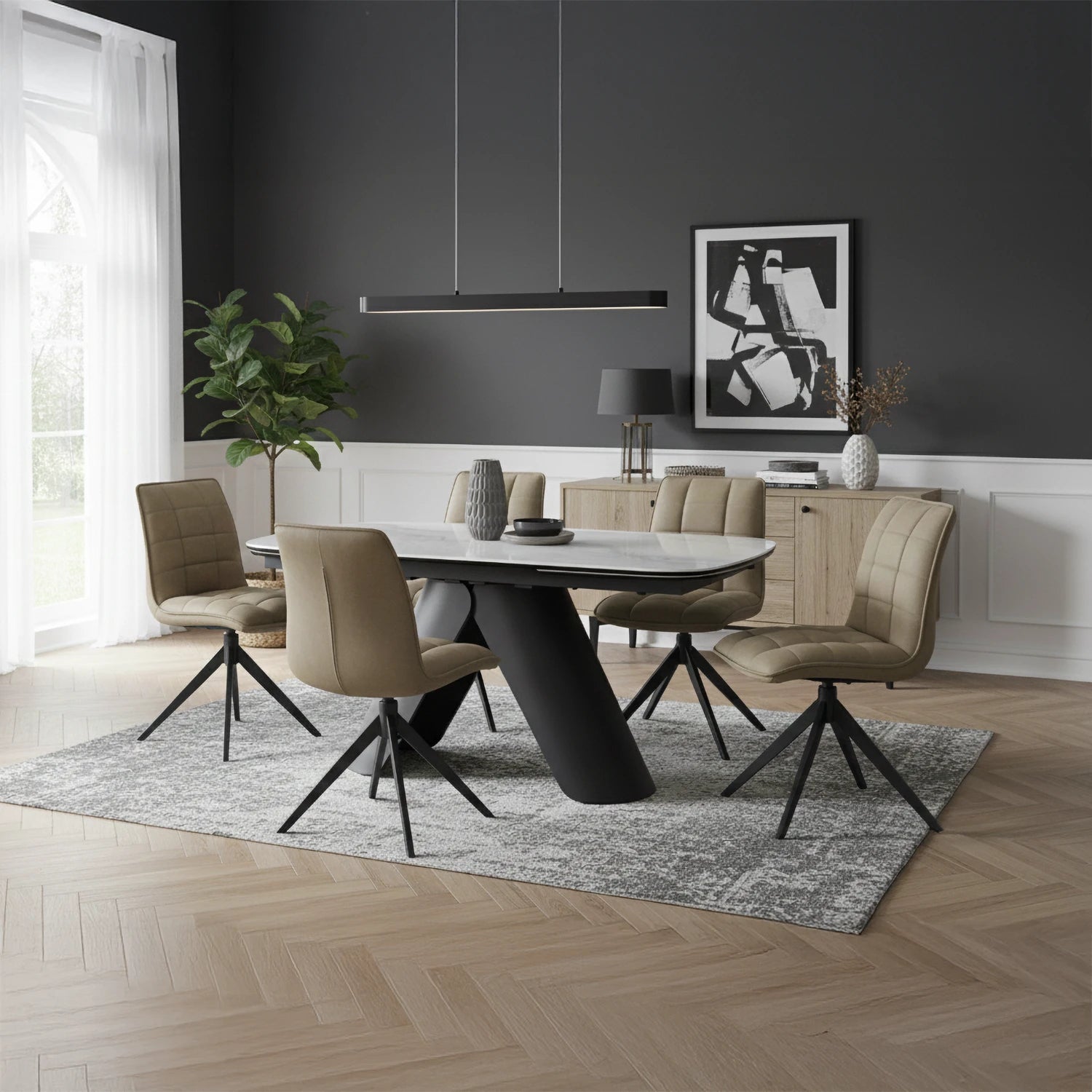 Pearl White Ceramic Extending Dining Table with 6 Warrior Taupe Swivel Dining Chairs - Pendle Village Furniture