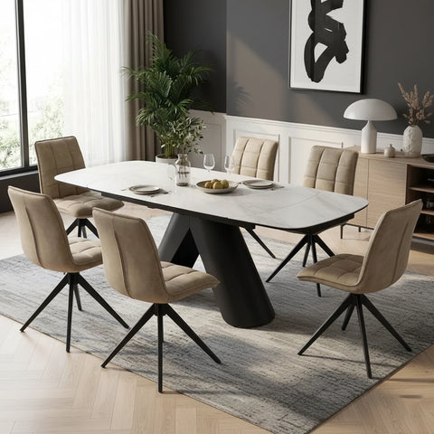 Pearl White Ceramic Extending Dining Table with 6 Warrior Taupe Swivel Dining Chairs - Pendle Village Furniture