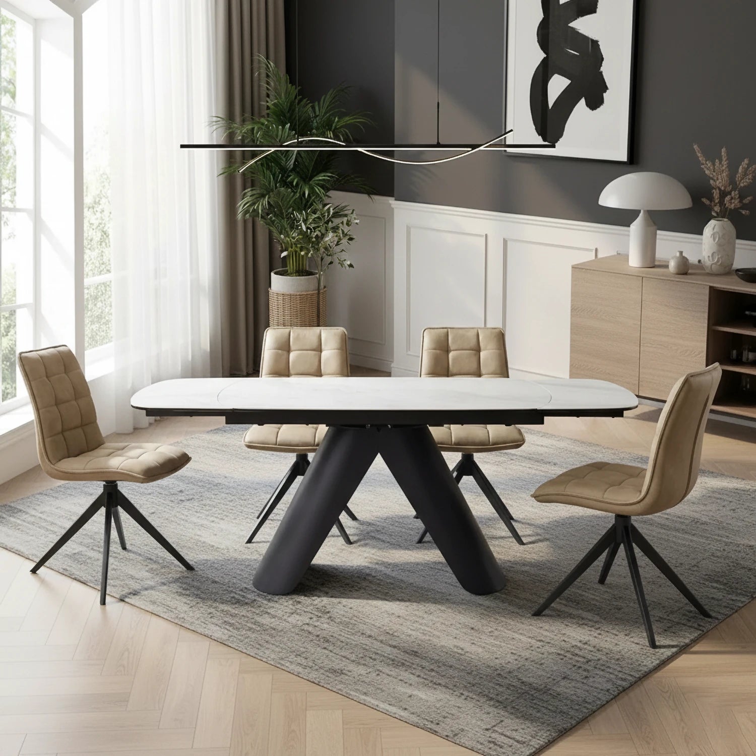 Pearl White Ceramic Extending Dining Table with 6 Warrior Taupe Swivel Dining Chairs - Pendle Village Furniture