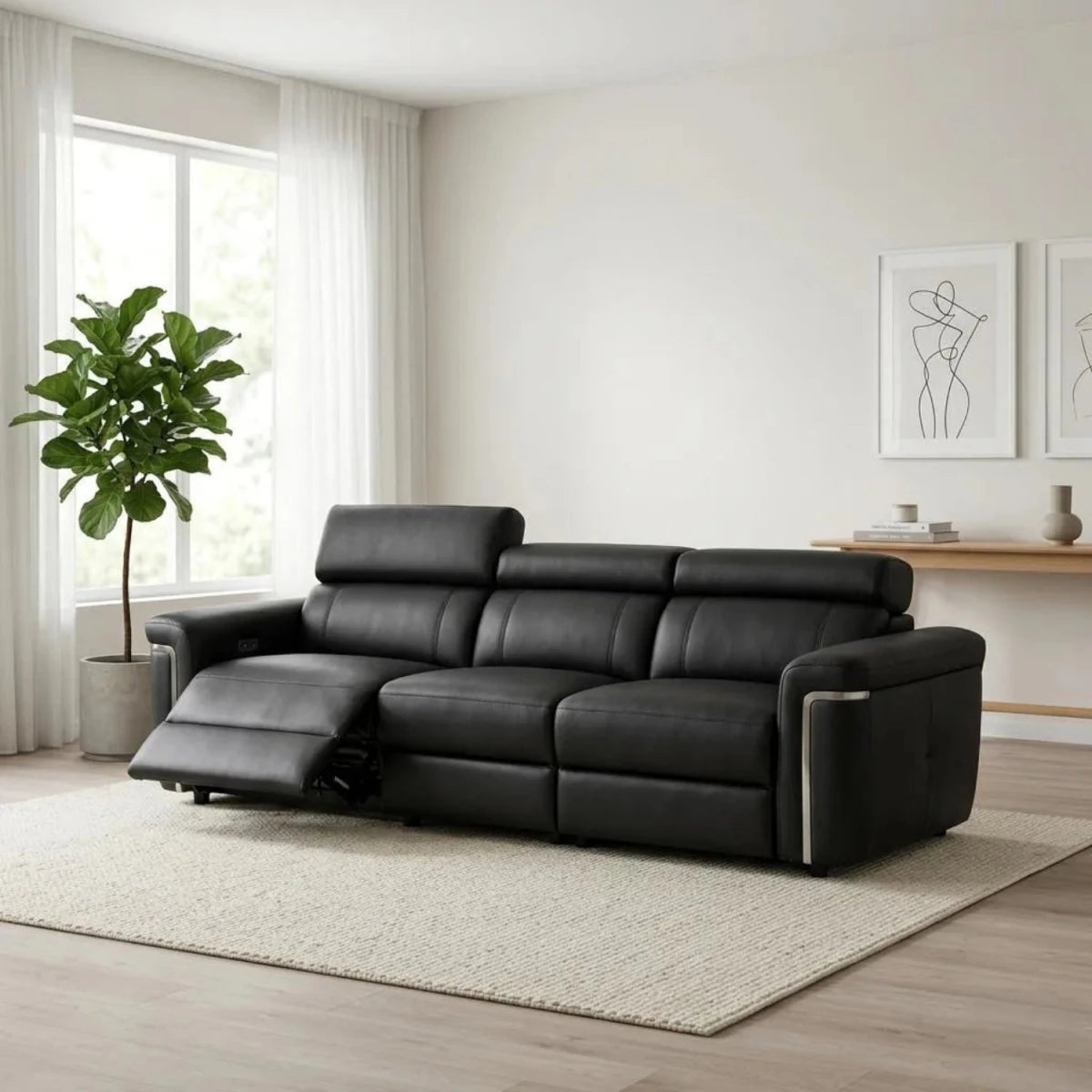 Modern two-seater leather recliner sofa with sleek contemporary design.