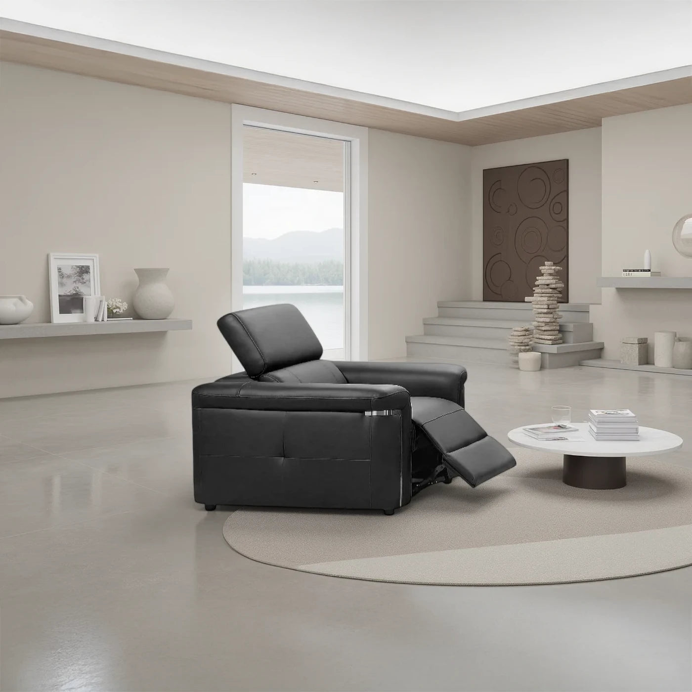 Genuine Black Leather Electric Recliner Armchair with High Back