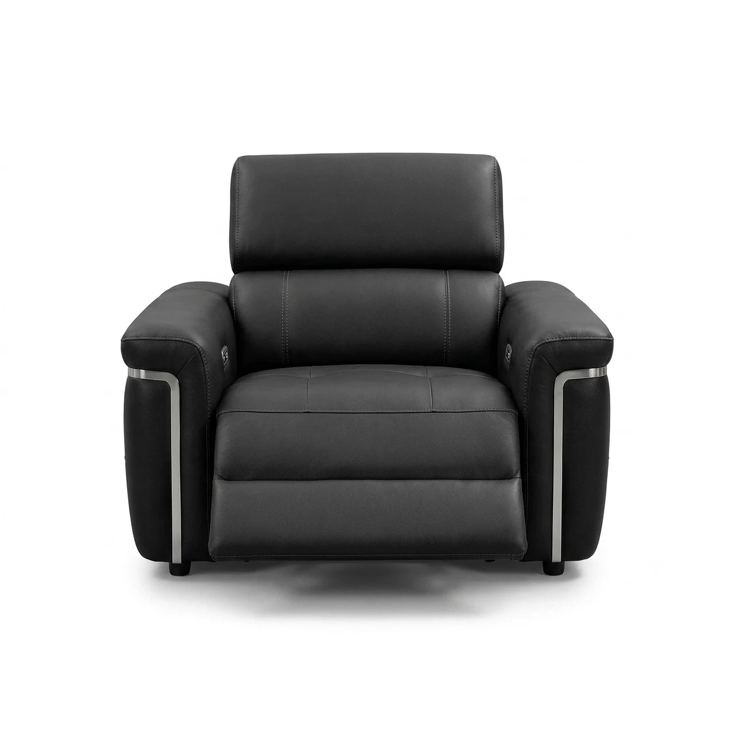 A modern black leather recliner armchair with silver metallic trim accents on the outer armrests, shown from a front-facing perspective on a white background.