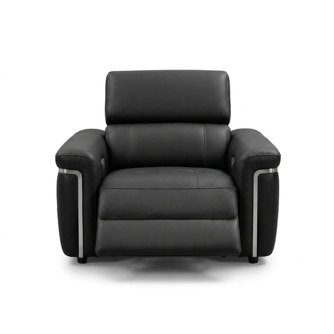 A modern black leather recliner armchair with silver metallic trim accents on the outer armrests, shown from a front-facing perspective on a white background.