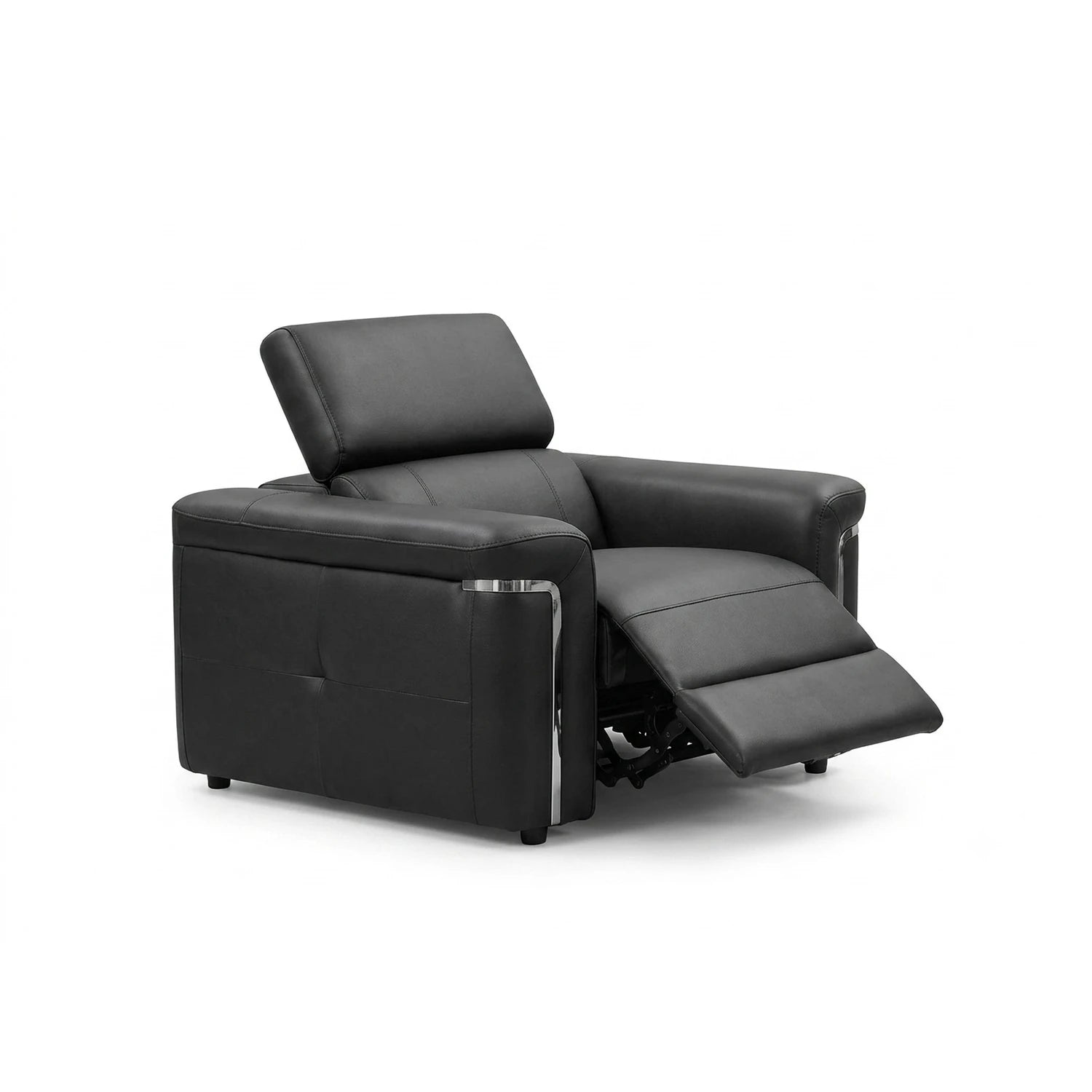 Black leather recliner chair with extended footrest, shown from a three-quarter angle on a white background.