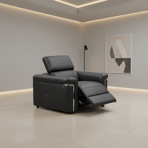 Relax in comfort with the Plaza Black Leather Electric Recliner Armchair. Genuine leather upholstery, electric reclining function and supportive foam seating.