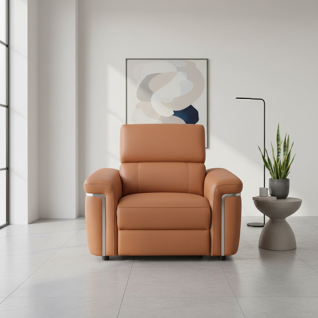 Relax in comfort with the Plaza Tan Leather Electric Recliner Armchair. Genuine leather upholstery, electric reclining function and supportive foam seating.