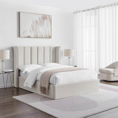 Lifestyle image of the Polara Elite Storage Bed shown in Natural also available in Silver Grey or Navy. Available in Double or Kingsize.