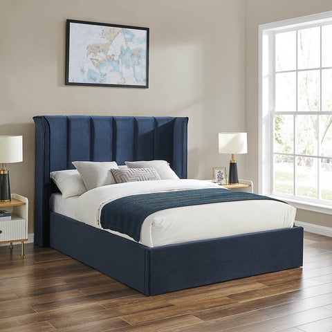Polara Elite Storage Bed shown in Navy. Ottoman style storage and panelled headboard. Available in Double or Kingsize.