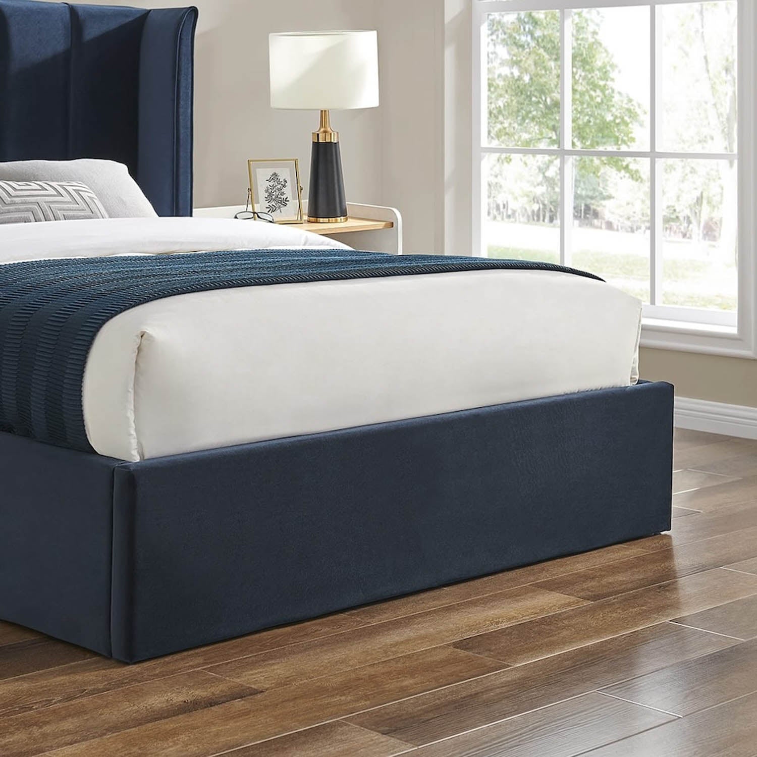 Image shows navy footend of ottoman bed. Polara Elite Storage Bed available in Silver, Natural or Navy. Available in Double or Kingsize.