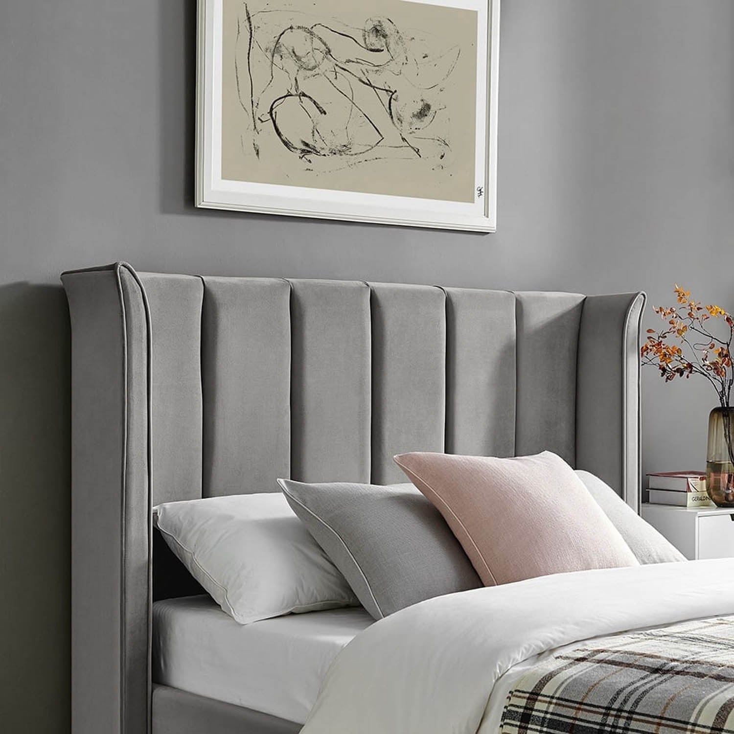 Close up of the panelled headboard on the Polara Elite Storage Bed available in Silver, Natural or Navy. Available in Double or Kingsize.