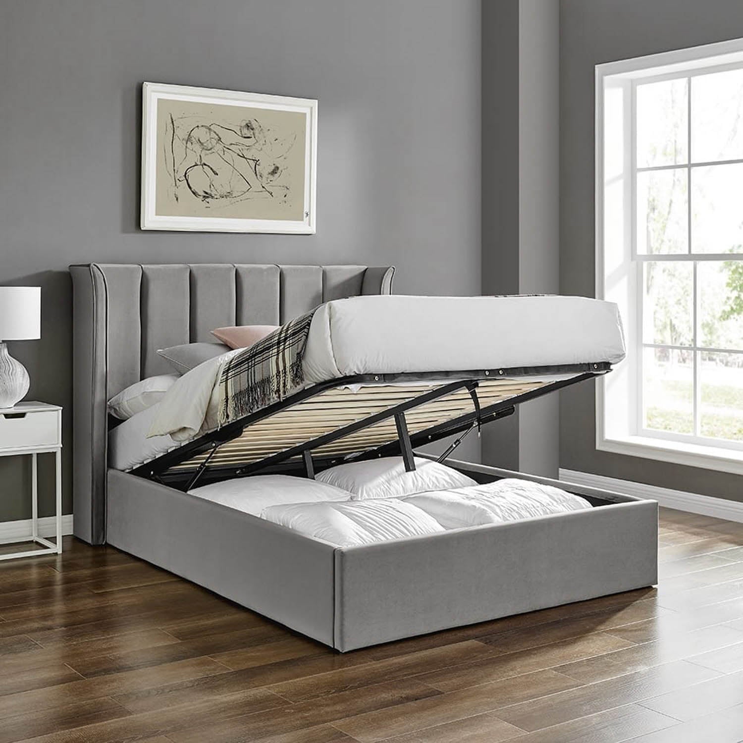 Silver Grey Ottoman Storage Bed - Polara Elite Storage Bed available in Silver, Natural or Navy. Available in Double or Kingsize.