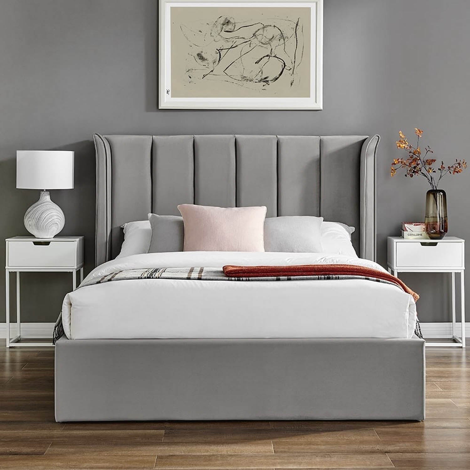 Lifestyle image of Polara Elite Storage Bed available in Silver Grey, Natural or Navy. Available in Double or Kingsize.