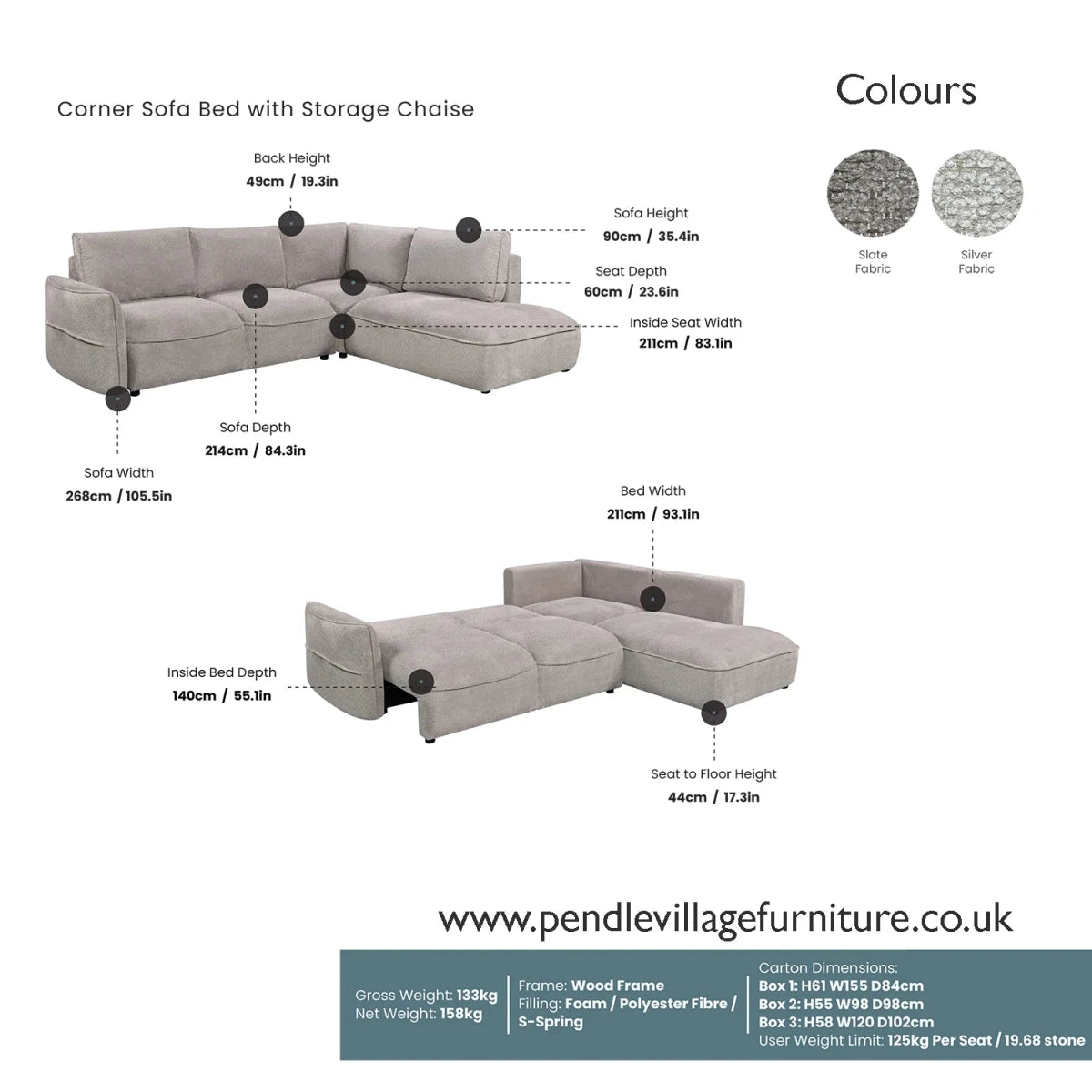 A specification sheet showing a Polly Grey Corner Sofa Bed with Storage Chaise, with dimension callouts, fabric color swatches, and product details text on a white background.