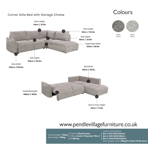 A specification sheet showing a Polly Grey Corner Sofa Bed with Storage Chaise, with dimension callouts, fabric color swatches, and product details text on a white background.