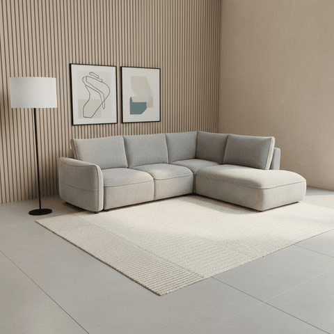 Polly silver fabric corner sofa bed with hidden storage, lift-and-pull bed mechanism and left or right-hand chaise options. Stylish and practical.