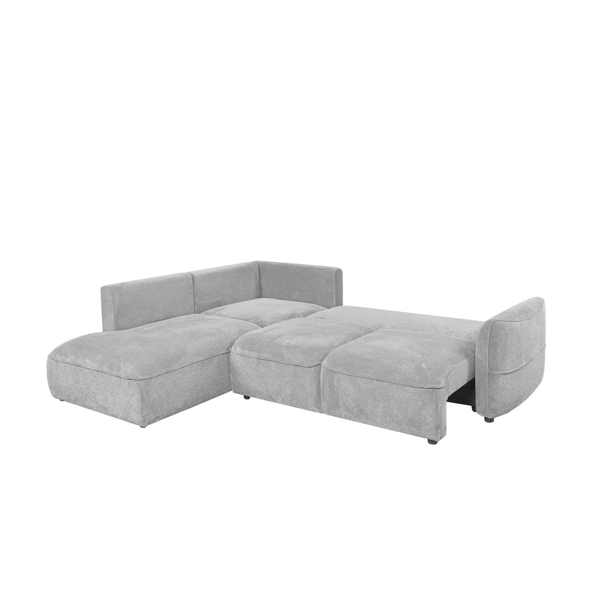 A light gray upholstered sectional sofa bed with a chaise lounge on the left and a low rounded headboard-like backrest on the right, shown on a plain white background.