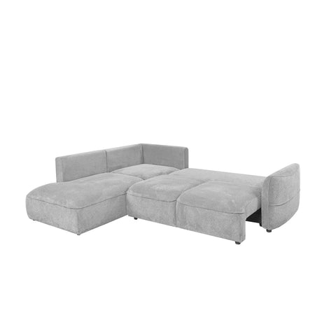 A light gray upholstered sectional sofa bed with a chaise lounge on the left and a low rounded headboard-like backrest on the right, shown on a plain white background.
