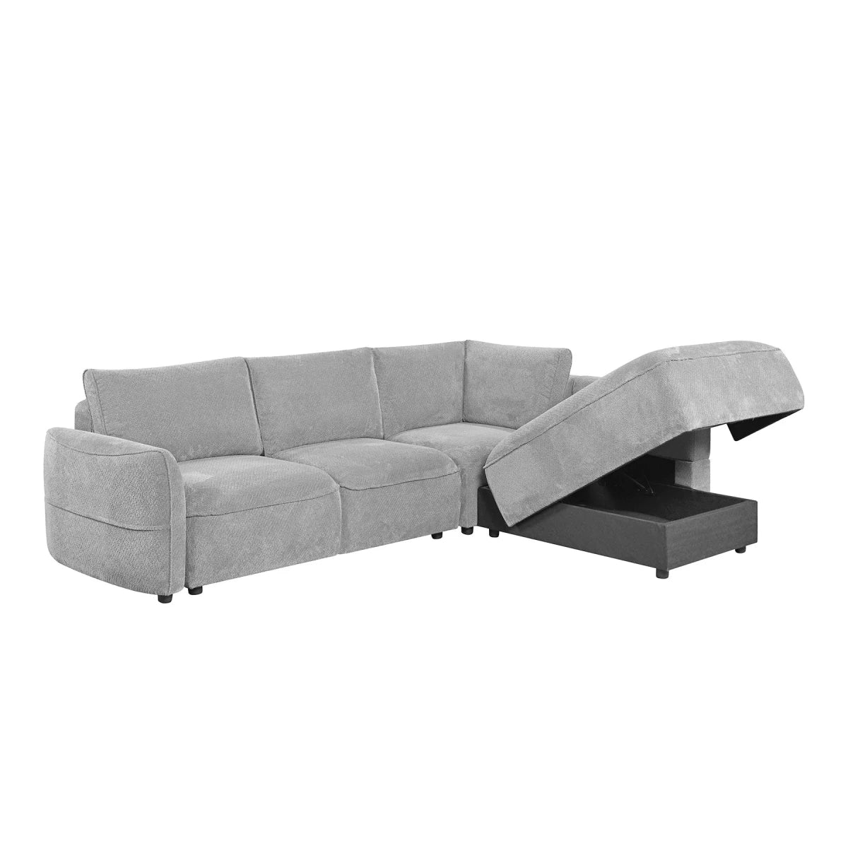 A light gray upholstered sectional sofa with a chaise lounge section that is shown raised, revealing a dark storage compartment underneath. 