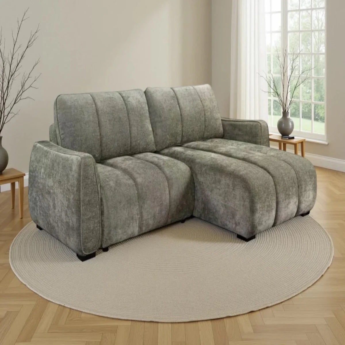 Corner sofabed with modern design and pull out function.
