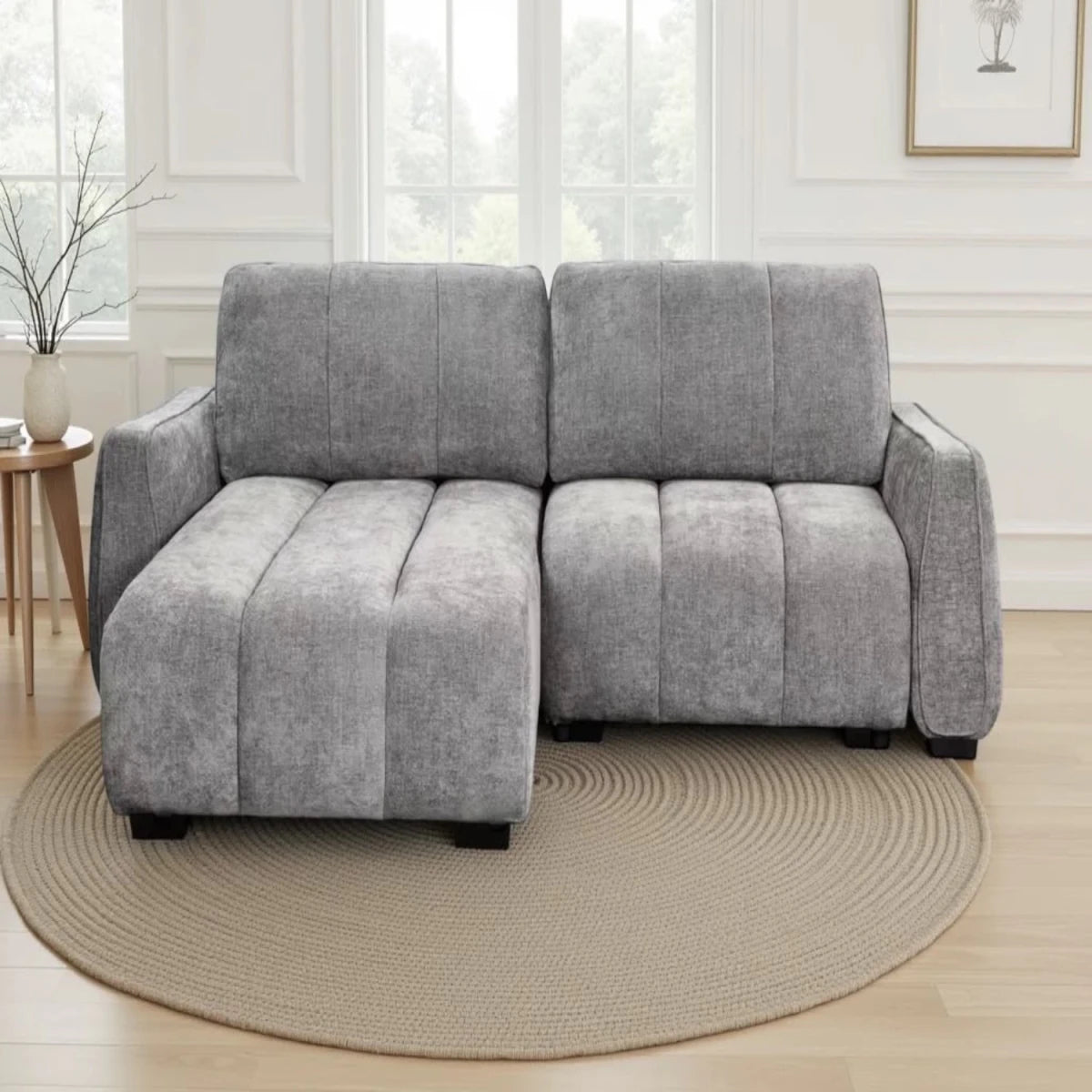 Channel tufted design adding modern texture.