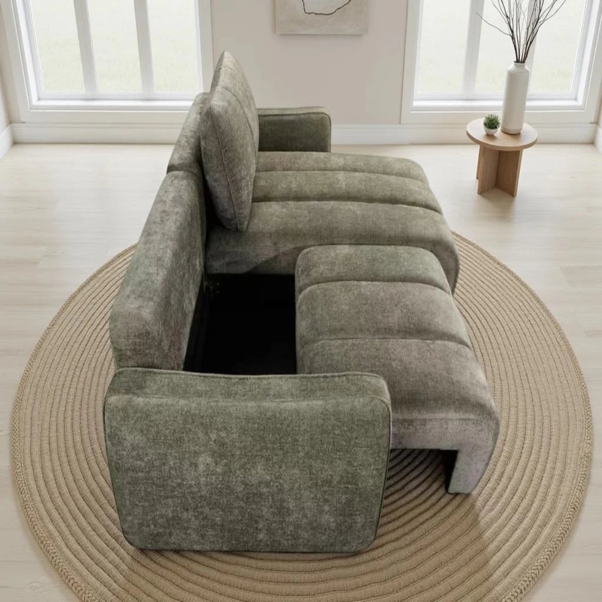 Under seat storage for pillows and essentials.