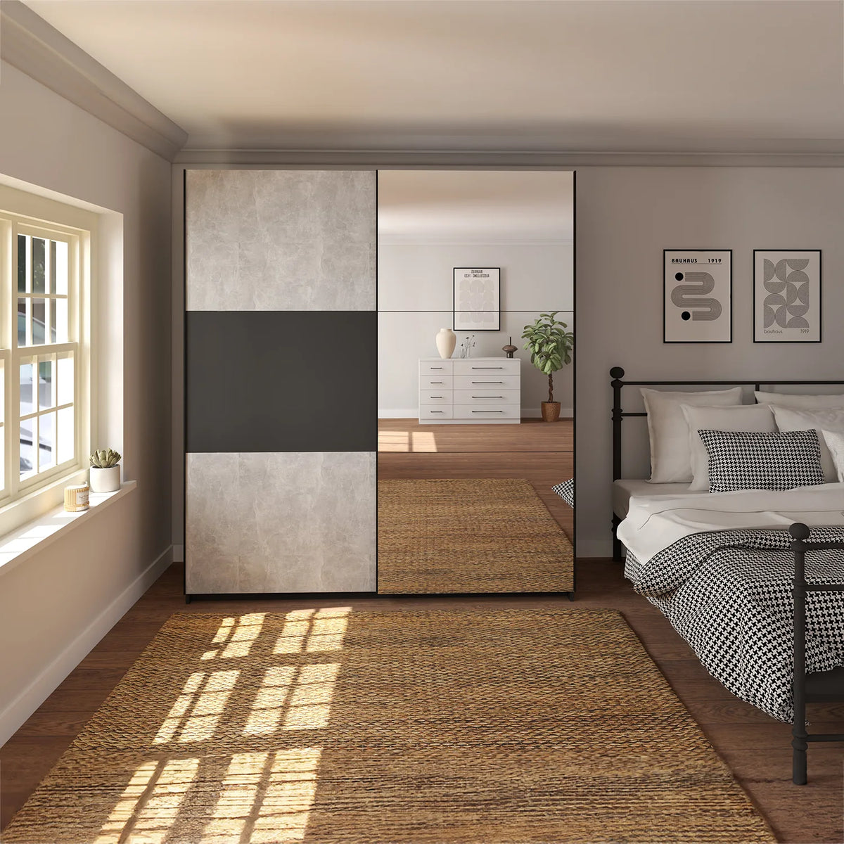 Portvelle Stone Effect Grey and Graphite Decor Sliding Door Wardrobe With Mirror - Pendle Village Furniture