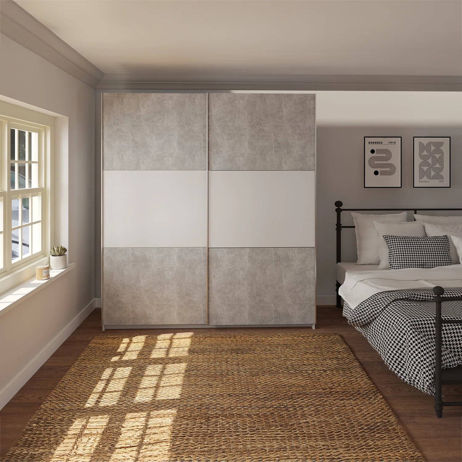 Portvelle Stone Effect Grey and White Decor Sliding Door Wardrobe - Pendle Village Furniture