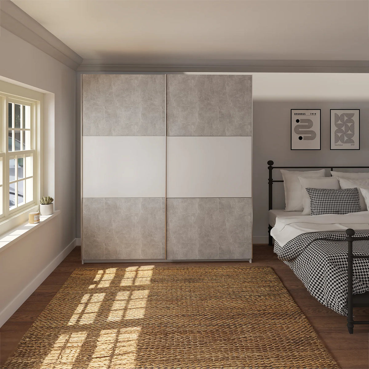 Portvelle Stone Effect Grey and White Decor Sliding Door Wardrobe - Pendle Village Furniture