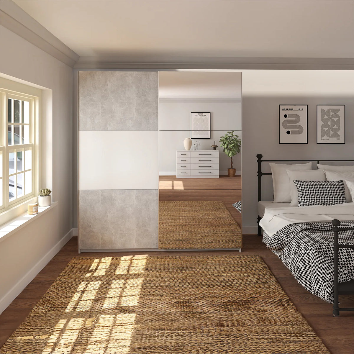 Portvelle Stone Effect Grey and White Decor Sliding Door Wardrobe With Mirror - Pendle Village Furniture