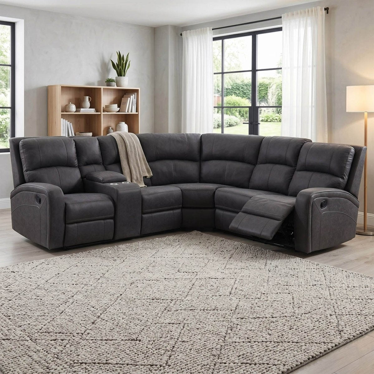 Prague Dark Grey Soft Touch Fabric Recliner Corner Sofa with Console 