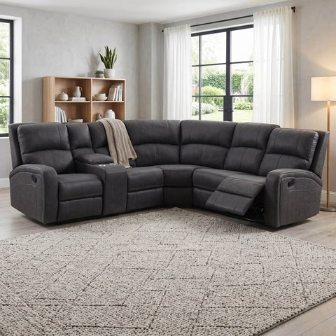 Prague Dark Grey Soft Touch Fabric Recliner Corner Sofa with Console 