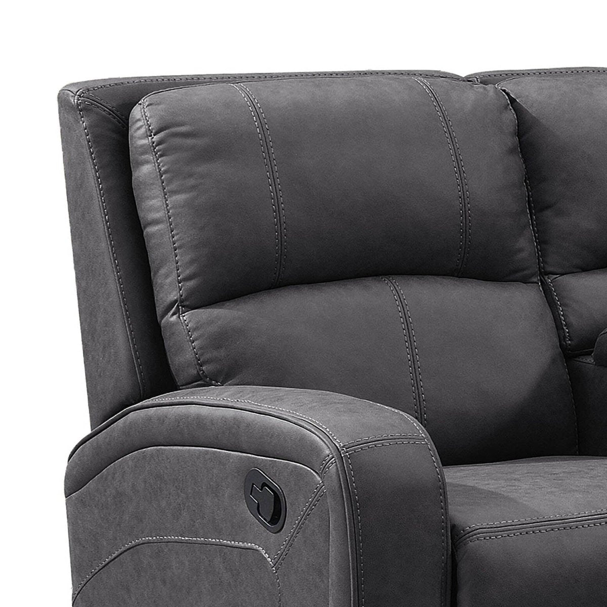 Close up of Prague Dark Grey Soft Touch Fabric Recliner Corner Sofa with Console , showing backrest and arm 