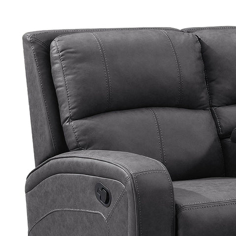 Close up of Prague Dark Grey Soft Touch Fabric Recliner Corner Sofa with Console , showing backrest and arm 