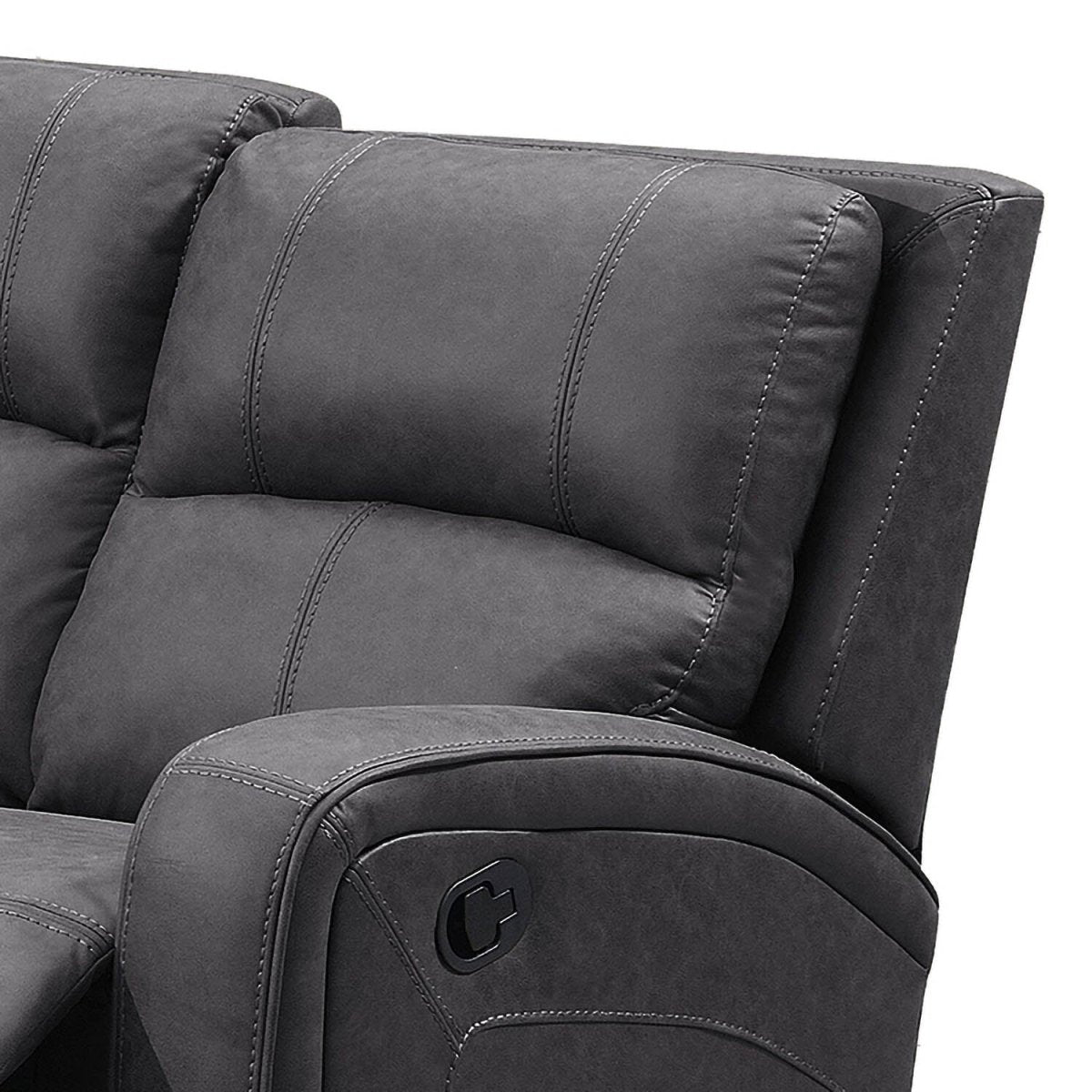 Close up of Prague Dark Grey Soft Touch Fabric Recliner Corner Sofa with Console Showing Backrest and Armrest