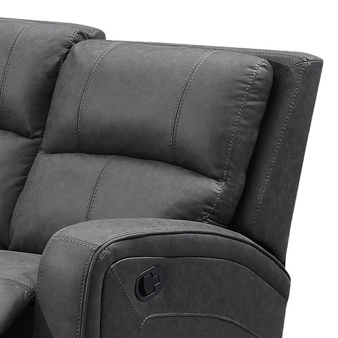 Close up of Prague Dark Grey Soft Touch Fabric Recliner Corner Sofa with Console Showing Backrest and Armrest