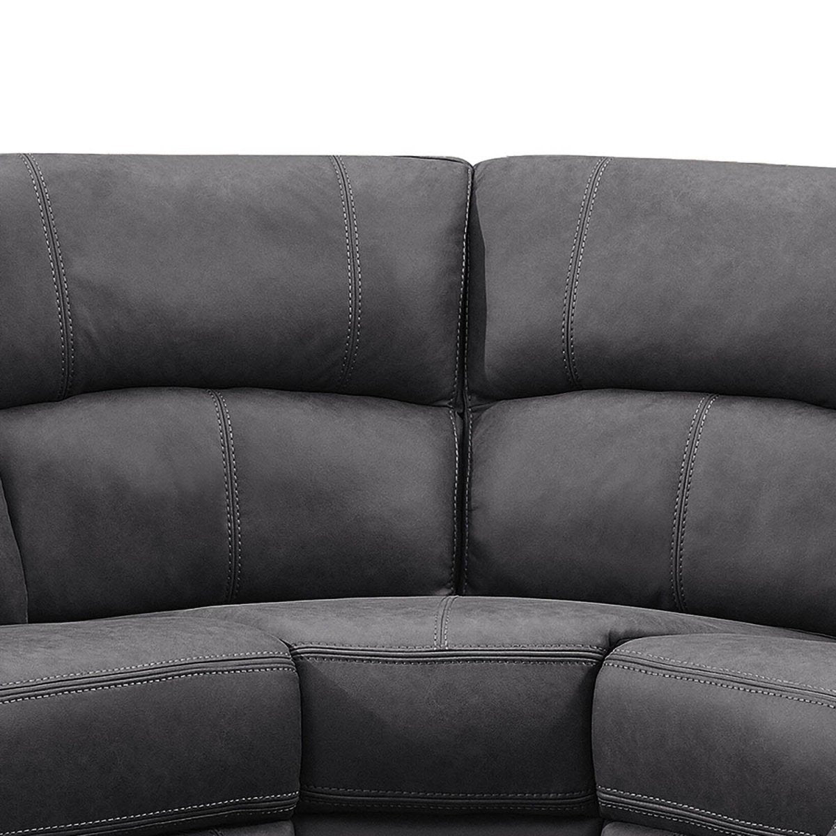 Close up of Prague Dark Grey Soft Touch Fabric Recliner Corner Sofa with Console , showing Corner Back rest and Seat