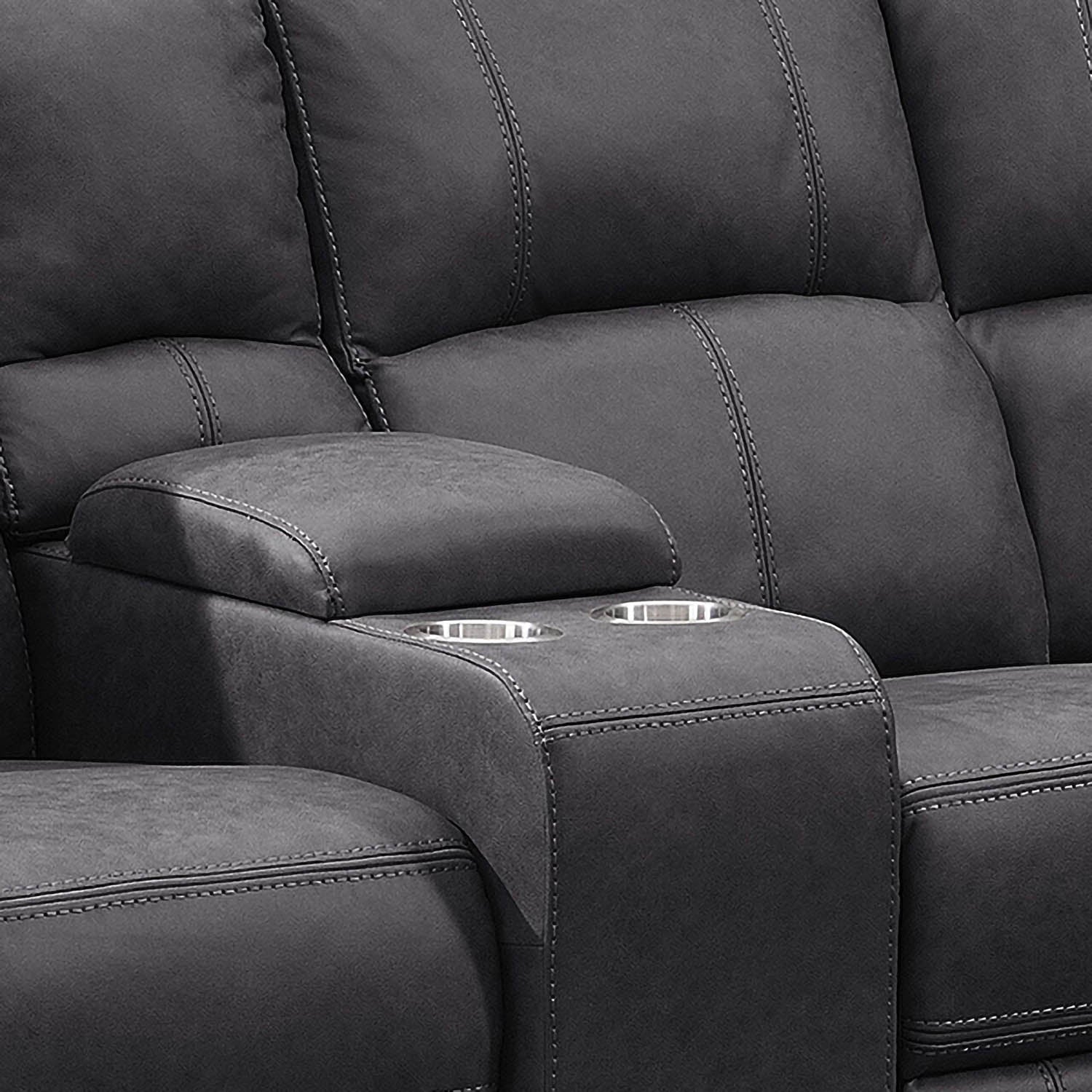 Close up of Prague Dark Grey Soft Touch Fabric Recliner Corner Sofa with Console showing Drinks Console 