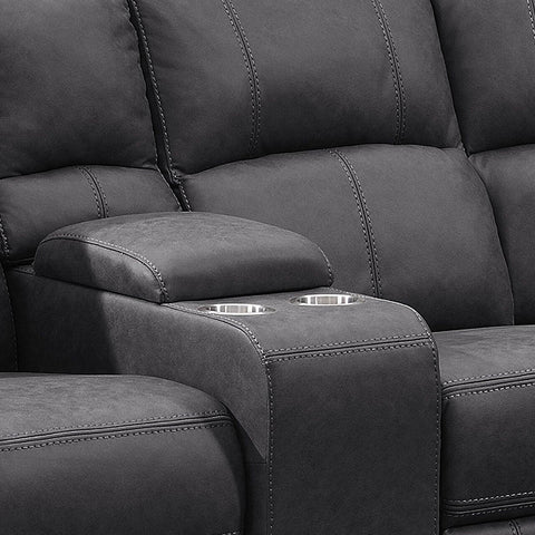 Close up of Prague Dark Grey Soft Touch Fabric Recliner Corner Sofa with Console showing Drinks Console 