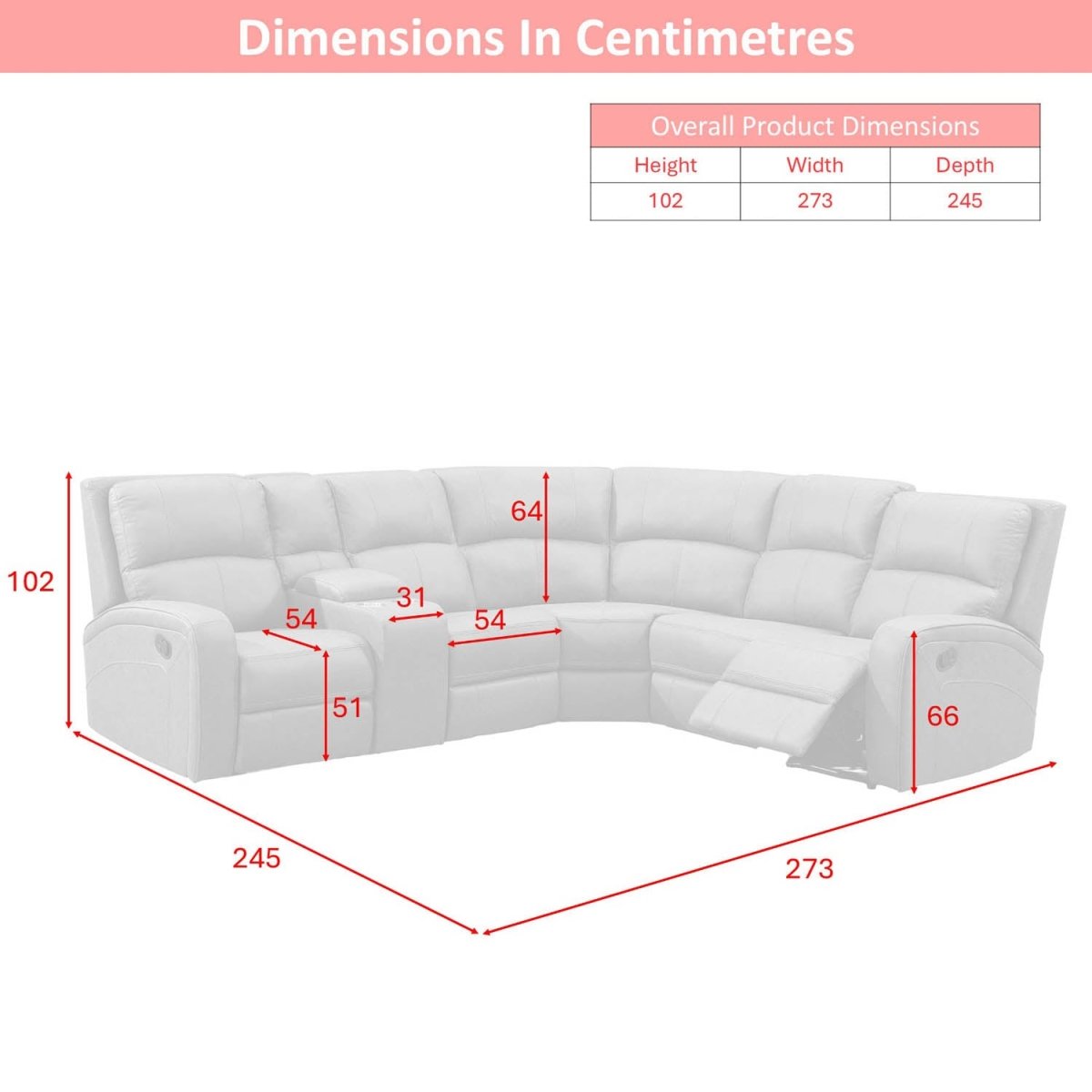 Prague Dark Grey Soft Touch Fabric Recliner Corner Sofa with Console  shown with red dimension lines and a small dimension table at the top reading overall product dimensions height 102, width 273, and depth 245.