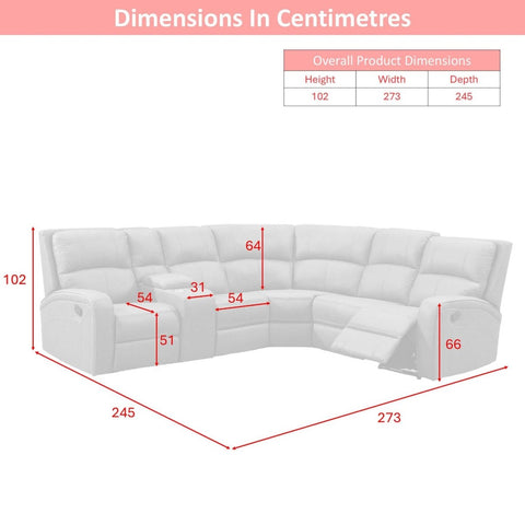 Prague Dark Grey Soft Touch Fabric Recliner Corner Sofa with Console  shown with red dimension lines and a small dimension table at the top reading overall product dimensions height 102, width 273, and depth 245.