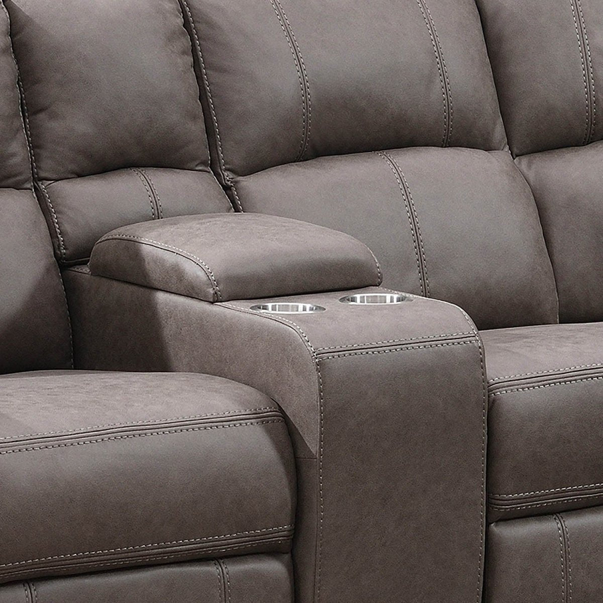 Close up of Prague Taupe Soft Touch Micro Fabric Recliner Corner Sofa with Console showing drinks console