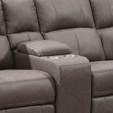 Close up of Prague Taupe Soft Touch Micro Fabric Recliner Corner Sofa with Console showing drinks console