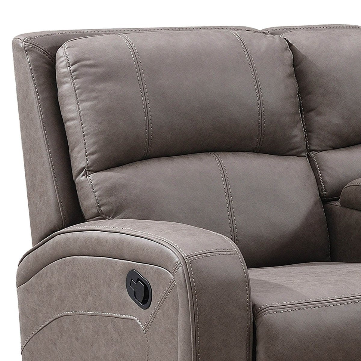 Close up of Prague Taupe Soft Touch Micro Fabric Recliner Corner Sofa with Console, showing Back Rest and Arm