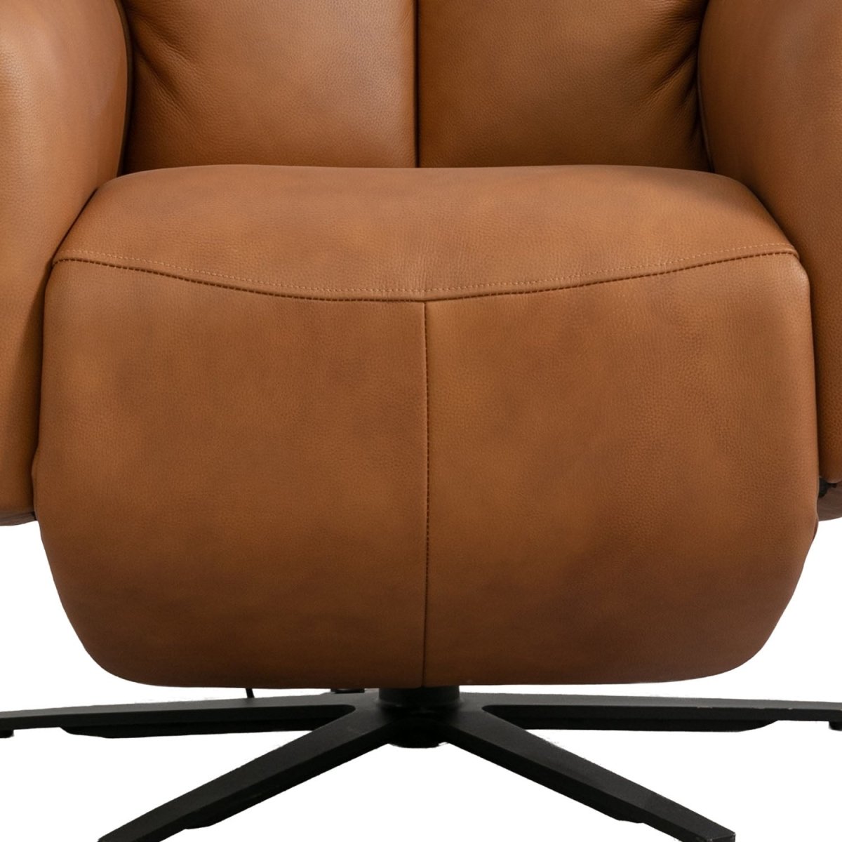 Tan leather Swivel Recliner with a black metal base on a white background