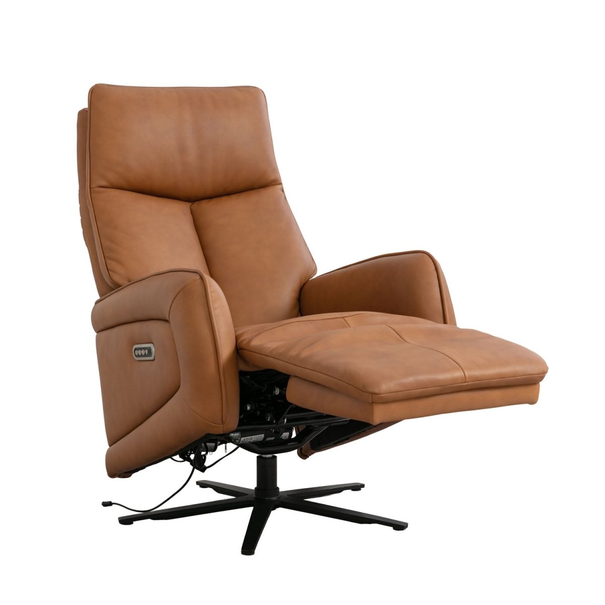 A tan leather recliner chair with an extended footrest, shown on a black swivel base against a plain white background.