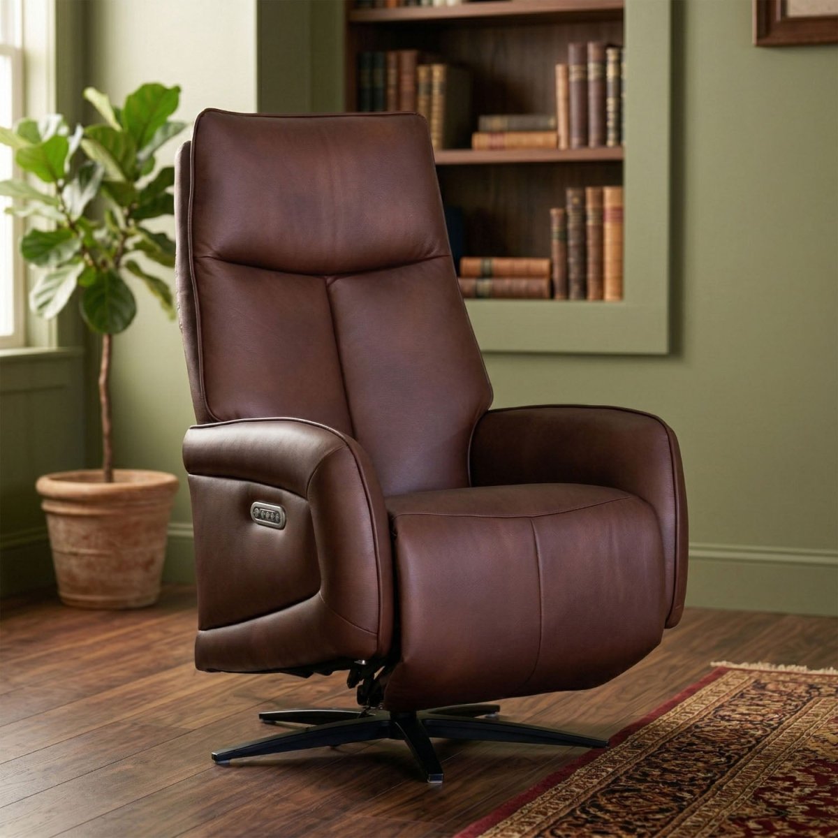 A brown leather swivel recliner chair with a black star base, shown in a styled home office setting with a potted plant, bookshelves, and a patterned rug.
