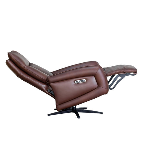 A brown leather recliner chair with a black swivel base, shown in a fully extended reclined position against a plain white background.