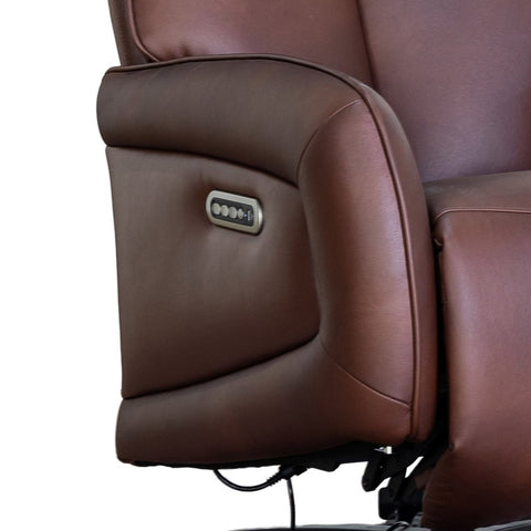 Close-up of a brown leather swivel recliner chair showing the side armrest with a control panel and part of the seat mechanism against a white background.